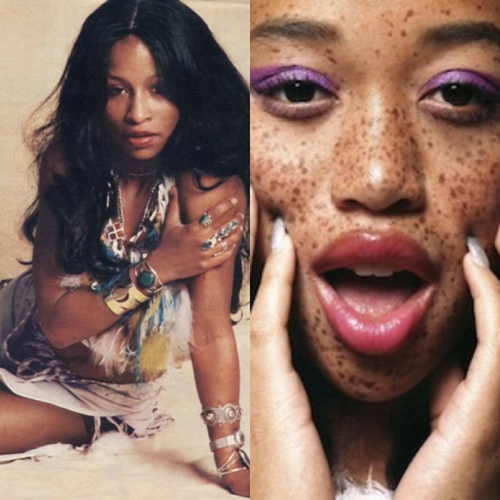 photo grid of a young Chaka Khan and a young Black model with freckles